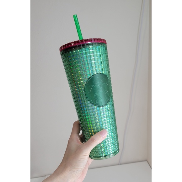 Starbucks 2023 Iridescent Watermelon Green Pink Grid Tumbler 24oz Venti Cup - Picture 3 of 3